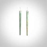 Hand crafted New Zealand Jade Inanga Jade drop earrings with Sterling Silver Hooks. Jade drop earrings, packaged in a woven kete pouch.